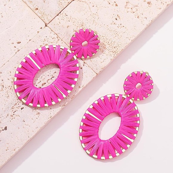 Statement Raffia Earrings Boho Drop Dangle Earrings for Women Handmade F… - Picture 5 of 16